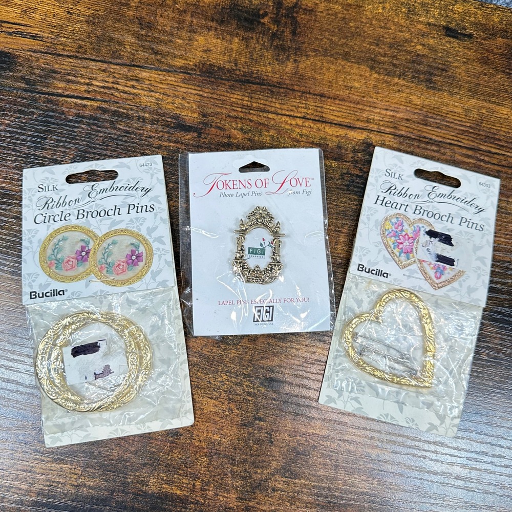Lot of 3 Brooch Pin Frames Bucilla Ribbon Embroidery Heart Circle Photo Lapel